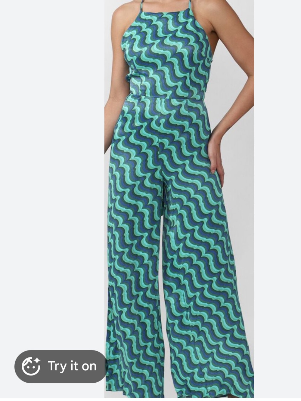 FOREVER 21 Teal and Navy Wave-Print Wide-Leg sexy back Jumpsuit S